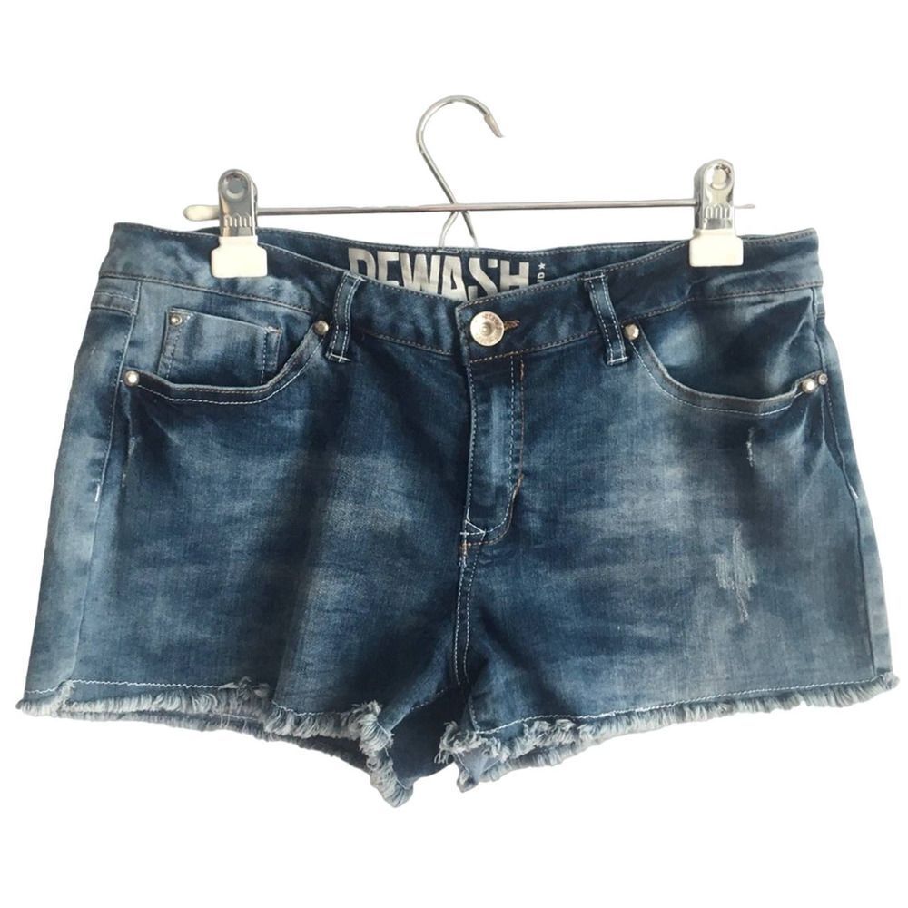 REWASH Frayed Fringe Raw Hem Denim Jean Shorts Junior's 15 / 32 Festival Blue